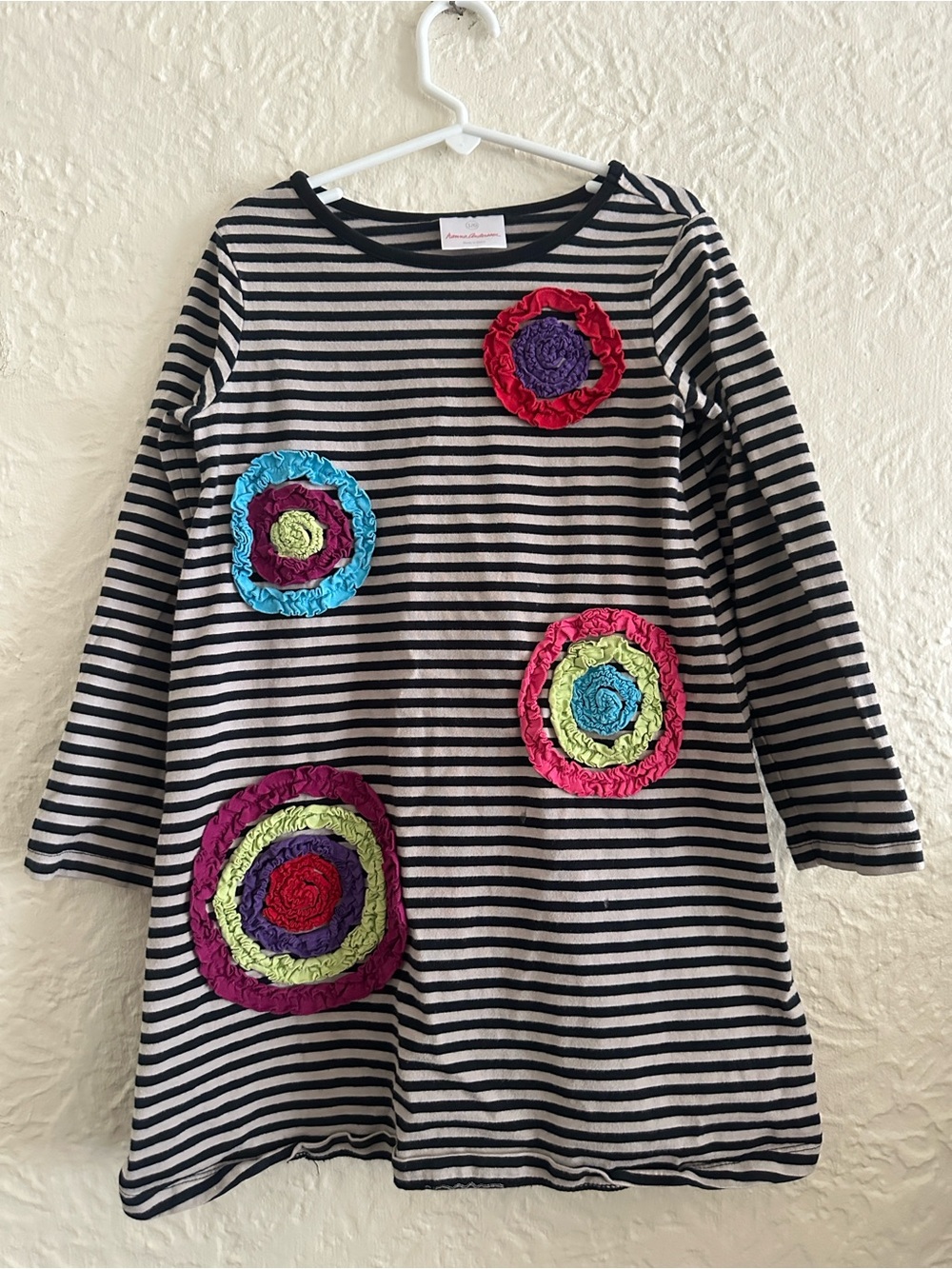Hanna Andersson Ruffle Craft Slipover Dress Striped Colorful Rosette Appliques